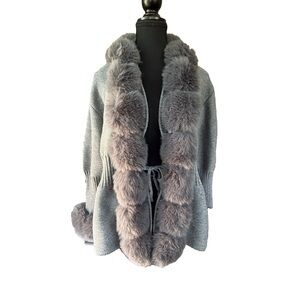 Vintage Gray Faux Fur Trim Cardigan Warm Knitted Sweater Women Size M